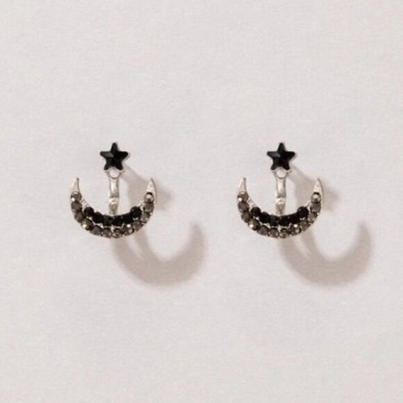 SILVER BLACK DIAMOND STAR STUD AND CRESCENT MOON STUD EARRING JACKET - Picture 4 of 8